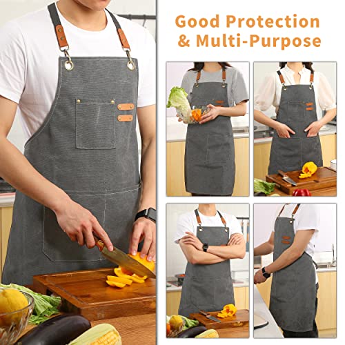 Tosewever Canvas Cross Back Chef Cotton Aprons For Men Women With Large Pockets thumb #3