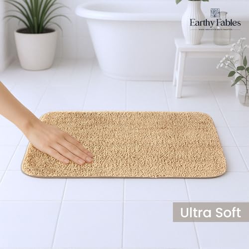 Image of Earthy Fables Soft Microfiber Bath Mat - Cut Pile, Quick Dry, Anti-Skid, Water Absorbent, Non-Slip, Machine Washable Floor Rug, Shower Mat, Door Mat for Bathroom, Bedroom, 60x40 cm - Beige