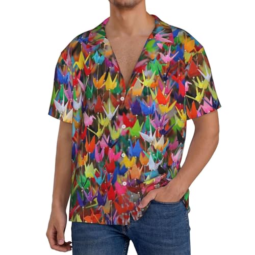 Origami Paper Cranes Print Men's Pocket Hawaiian Shirts â€“ Short Sleeve Casual Beachwear for Summer S-4XL3