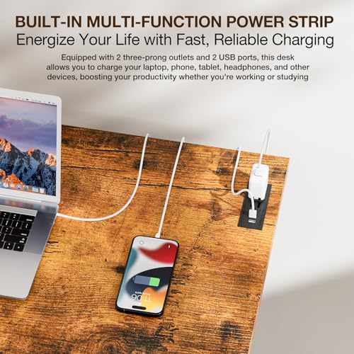 Image of TEMI Small Computer Desk Folding Table - No Assembly, Compact 44.3 inch Foldable Desk with Power Outlets & USB Charging Port, Portable Small Office Desk, Ideal Mini Study Table for Narrow Spaces, Brown
