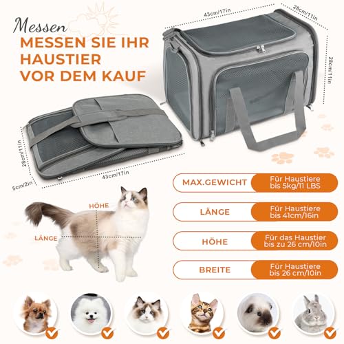 Lohofrnny Transporttasche Katze, Transporttasche für Katze Hund bis zu 5kg, Tragbar Faltbare Haustier Tragetaschen mit Schultergurt für Mittel Kleine Haustiere(Grau, 43x28x28cm)