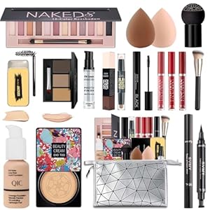 All in One Makeup Kit,Includes Naked Eyeshadow,Liquid Foundation,CC Cream,Lipstick Set,Mascara,Makeup Brush,Makeup Sponge,Eyebrow Powder,Eyebrow Soap,Eyeliner Stamp, Primer,Contour Stick,Cosmetic Bag