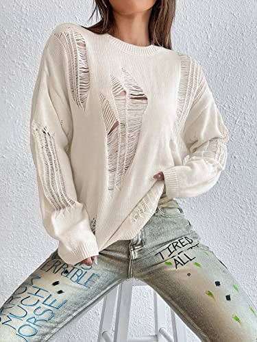 Image of GORGLITTER Women's Gothic Top Distressed Sweater Ripped Drop Shoulder Sweater Long Sleeve Round Neck Pullovers Top