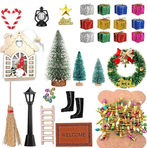 39 Pcs Doll House Decoration Miniatures Dollhouse Accessories Small Scene Model Light Mini Tree Gift Boxes Fake Light Door Miniature Scene Model Pretend Toys DIY Festival Holiday Party Favors Christm