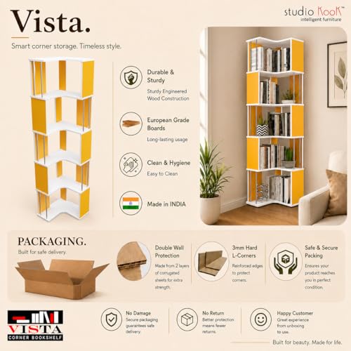 Image of Studio Kook Vista Engineered Wood Corner Bookshelf | Bookcase (Matte Finish) (Sunshine Yellow)