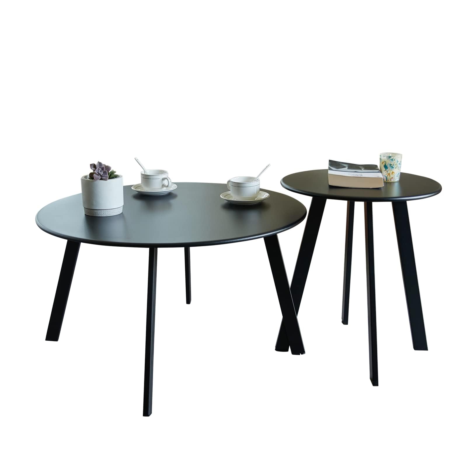 Fokebel Patio Couchtisch 2er Set, wetterfester runder Beistelltisch für den Außenbereich, Nisttische für Wohnzimmer, Balkon, Büro, Holz Schwarz