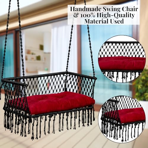 Image of Patiofy Double Seater Swing Chair with Arm Rest /Hanging Hammock Swing Chair for 2 People /Jhula for Adults / 2 Seater Swing for Balcony /Hanging Kit & Cushion Included- Black