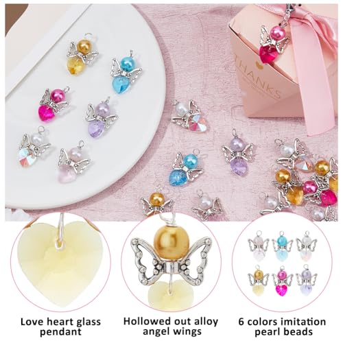 DICOSMETIC 48Pcs Angel Charms 6 Styles Angel Glass Beads Pendant Fairy Wings Bead Dangle Charms Colorful Heart Beads Charm Cute Hollow Wing Charm for DIY Earrings Necklace Jewelry Making - Image 4