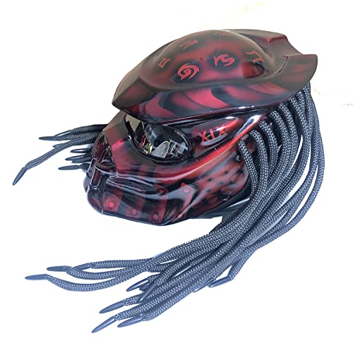 XINLIFE Motorcycle Helmet, Creative Predator Motorcycle Locomotive Full Face Helmet with Led Warning Lights and HD Anti-Fog Lenses for Outdoor Riding Or Club Parties, DOT Certified,Red b,XXL