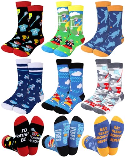 6 Pairs Novelty Sports Gifts for Boy Teen Funny Athletic Cotton Crew Socks Xmas Gift for Lacrosse Hockey Lovers Youth 13-19(Lacrosse)