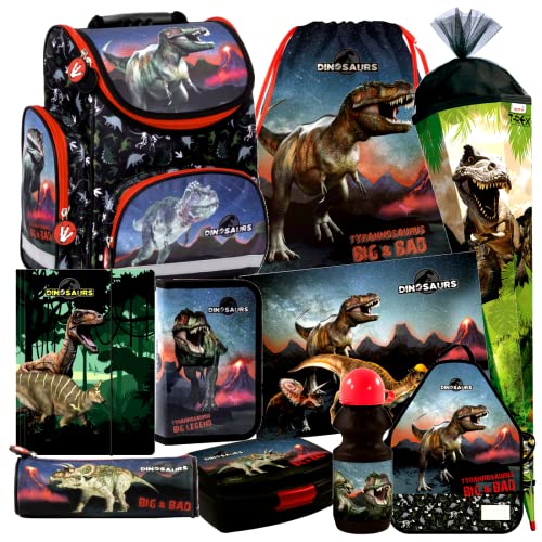Dinosaurier Dino T-Rex 10 Teile Set Schulranzen Ranzen Tasche TORNISTER SCHULTÜTE 85 cm Federmappe mit Sticker-von-Kids4shop Schulrucksack Cover