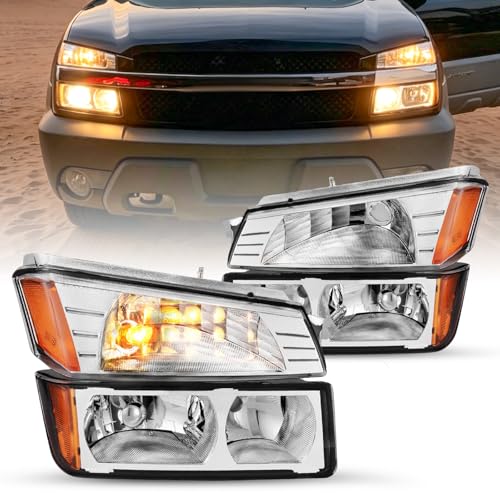 JSBOYAT 4pcs Headlight Assembly Anti-Yellowing Replacement for 2002 2003 2004 2005 2006 Chevy Avalanche with Body Cladding Pickup Bumper Lights Halogen Headlights Set Chrome Housing