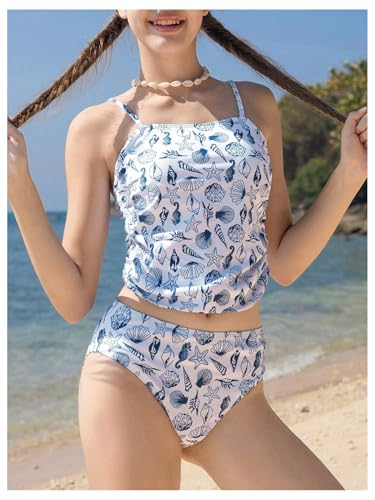 GORGLITTER Girl's Ocean Graphic High Waisted Swimsuit Spaghetti Strap Summer Tankini Set3
