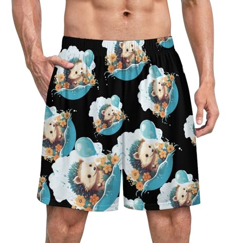 Funny Hedgehog Balloons Men's Pajama Shorts Comfy Sleep Shorts Lounge Shorts Soft Pj Bottoms Sleepwear