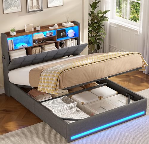Polsterbett 140×200cm Hydraulisches Stauraumbett mit LED-Bleuchtung Jugendbett mit USB- und Type-C-Anschlüsse Doppelbett Bettgestell mit Holzlatten,...