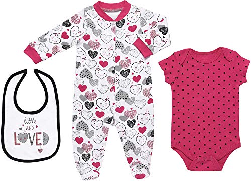 Mini B. by Baby Starters 3-Piece Layette Set with Sleep and Play, Bodysuit and Cloth Bib (Pink and Black/Little Love Heart, 3-6M)