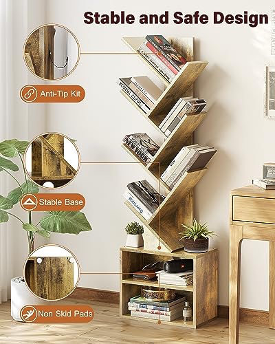 SUNMORY-6-Tier-Tree-Bookshelf-Small-Bookcase-with-Storage-Cabinet-Modern-Tall-Narrow-Bookshelves-Organizer-Floor-Standing-Book-Shelf-for-BedroomLiving-RoomHome-OfficeCorner-Rustic-Brown