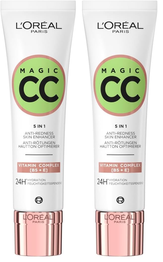 L'Oréal Paris Anti-Rötungen Creme, Für bis zu 24h Feuchtigkeit und einen optimierten Hautton, Magic CC Teint Optimierer Anti Rötungen, 1 x 30 ml (Packung mit 2)