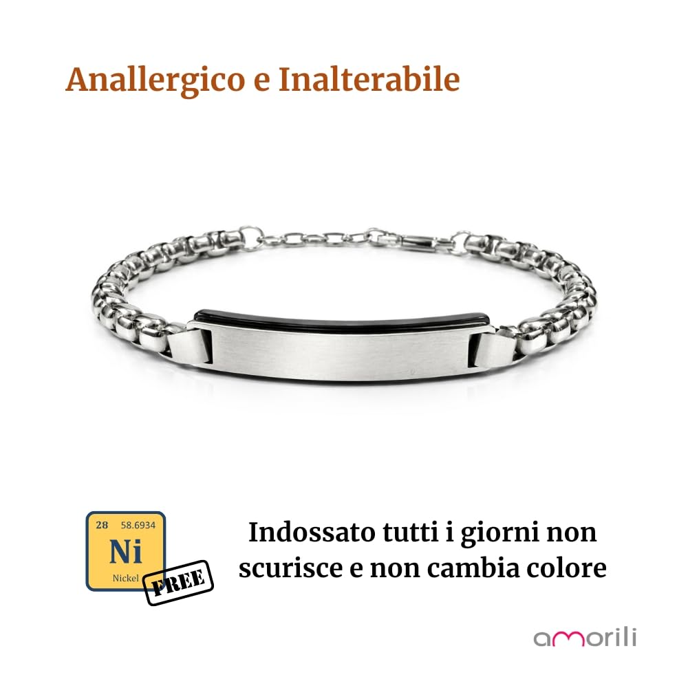 Bracciale Uomo Personalizzabile con Incisione in Acciaio Inox Classico e Nero – Gioiello Maschile Personalizzato con Frasi e Date – Idea Regalo Uomo bcc3175