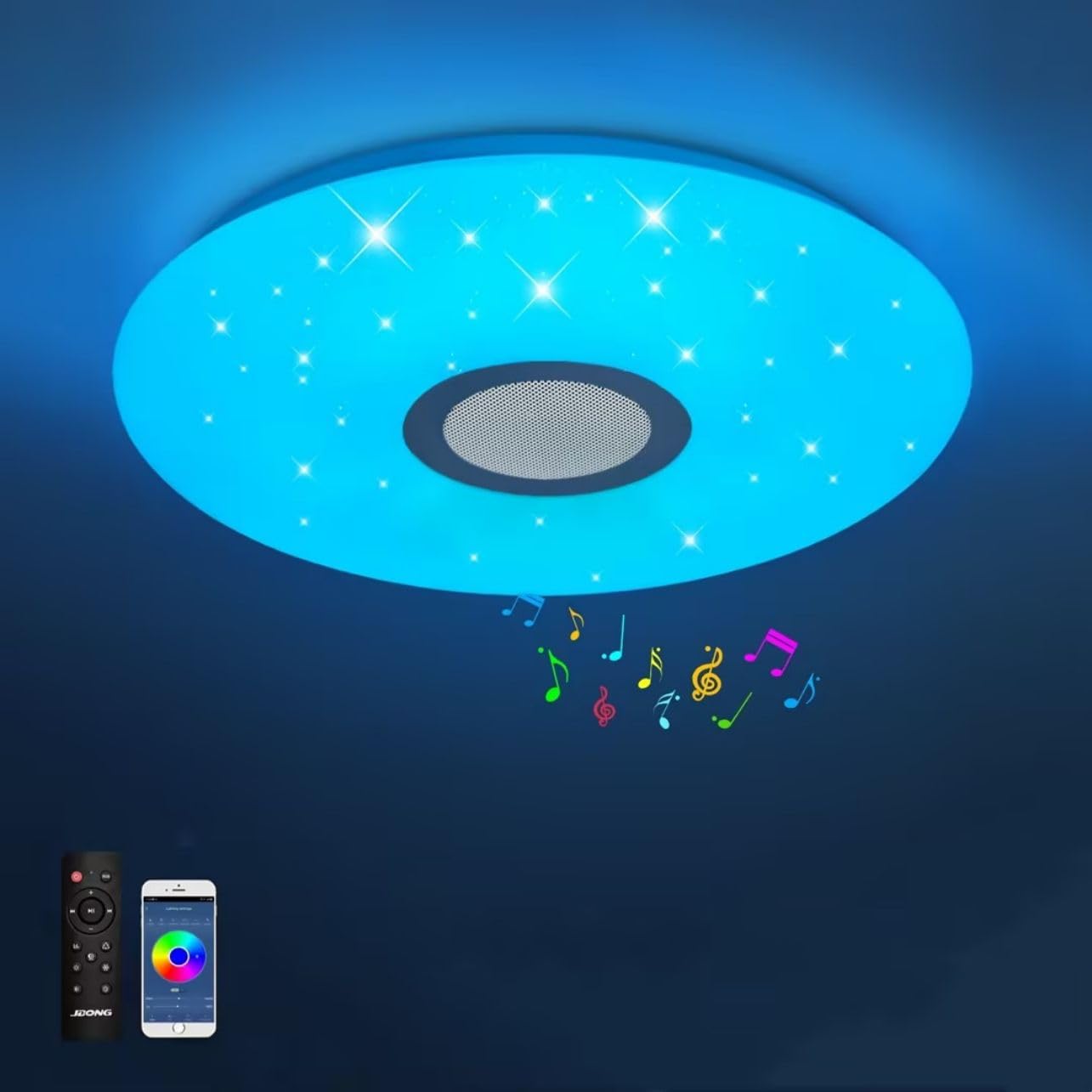 JDONG Bluetooth Deckenleuchte LED mit Lautsprecher, Fernbedienung und App-Steuerung RGB Farbwechsel dimmbar Sterne für Schlafzimmer Kinderzimmer Badzimmerlampe 54W Ø 50CM