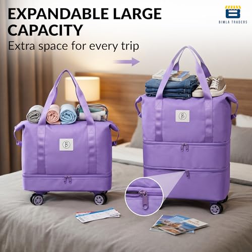 Image of Btag Travel Duffle Bag with Wheels |Convertible Handbag, Trolley & Shoulder Luggage for Clothes |Space-Saving Foldable Travel Companion |Expandable & Waterproof Traveling Bag for Unisex (Light Purple)