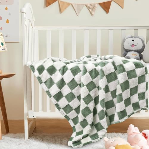 Image of HOMRITAR Forset Green Checkered Baby Blanket for Boys Girls Fluffy Fleece | Soft Plush Warmer Bed Throw Blanket for Infant Toddler Shower Gift Nursery Crib Stroller All Season 30 x 40 Inch