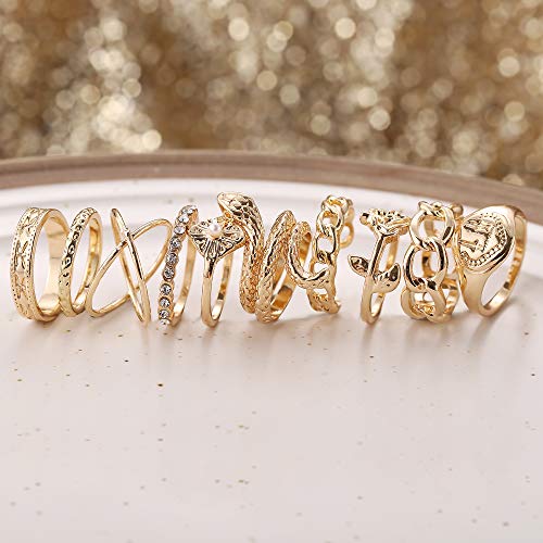 Faxhion Gold Knuckle Rings Set For Women Girls, 10Pcs Boho Rings,Vintage Snake Chain Flower Rings, Gold Plated Statement Ring Midi Rings Size Mixed #TOP5