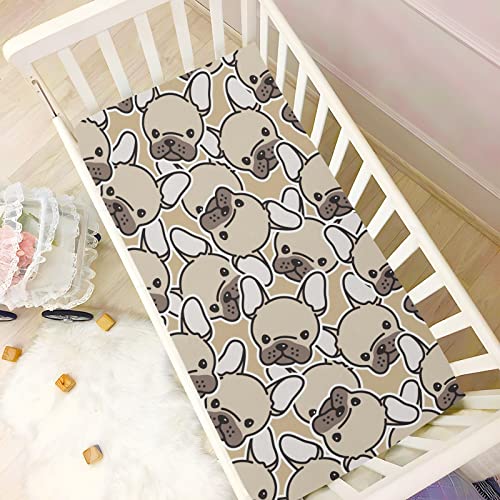 Image of Fitted Crib Sheets French Bulldog Dog Stretchy Portable Playard Sheets for Baby Toddler, Breathable Soft Mini Crib Mattress 52 x 28 in for Boys and Girls