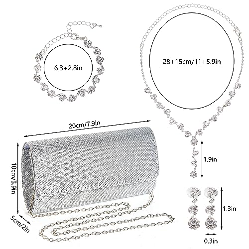 Rbenxia 4 Pieces Women Evening Rhinestone Jewelry Set Bling Glitter Clutch Purse Necklace Earrings Bracelets for Women Bride Wedding Evening Party2