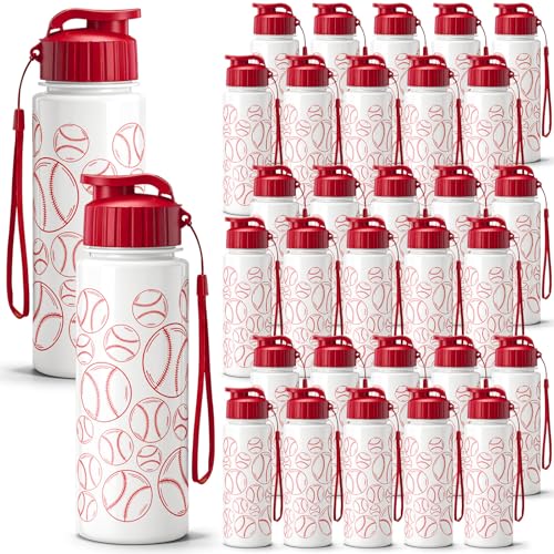 Mifoci 20 Pieces Sports Water Bottle Bulk 17 oz Reusable Plastic Biking Water Bottle Tumbler Adults Reusable Large Bottles with Leak Proof Flip Top for Party Outdoor (Baseball White and Red)