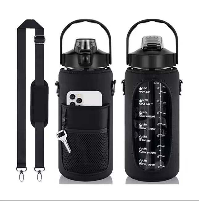 QUA FITHalf Gallon Water Bottle with Storage Sleeve, 2L Motivational Water Bottle with Straw & Time Strap, BPA Free Leakproof Large Sports Bottle, Reusable Water Jug for Workout Gym Sport