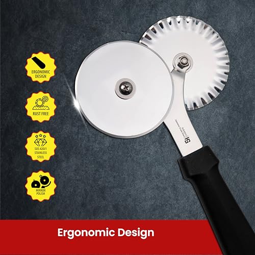 Image of HS 3.2 Inch Professional Double Round Pizza Cutter with Medium Handle, Sandwich Paratha Chapati Roti Wheel Smooth Rotating Slicer Food Grade Stainless Steel, for Home and Commercial Use, Black