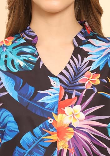 Image of Womens Casual Shirt Soft Beach Shirts Floral Tropic Print V Neck T-Shirt Short Sleeve Button Up Tops