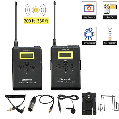 Camera Wireless Lavalier Microphone System Recording Video, Saramonic UwMic15 UHF 16-Channel Omnidirectional Lapel
