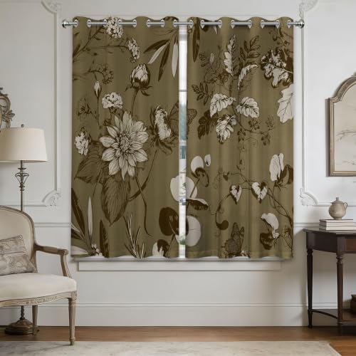 Dark Brown Blackout Curtains, Botanical Drapes 63 inches length, 2 Panels
