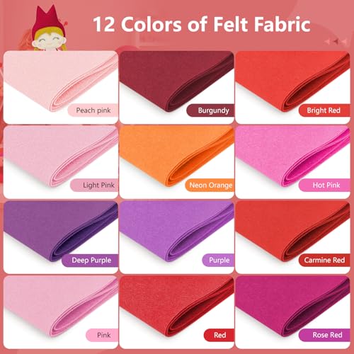 Image of 12 Rolls 8 inchx35 inch Large Stiff Felt Sheets, 1mm Felt Fabric Sheet for Crafts | 12 Assorted Red Pastel Colors Felt Fabric Bundle Pack, Durable Nonwoven Fabric for DIY Sewing, Art, Party & Holiday Ornament