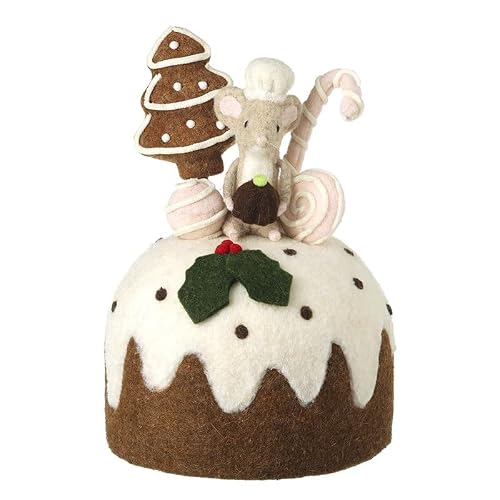 Heaven Sends Brown And White Felt Mouse On Christmas Pudding With Christmas Tree 21X21x30 Centimetre Decoration