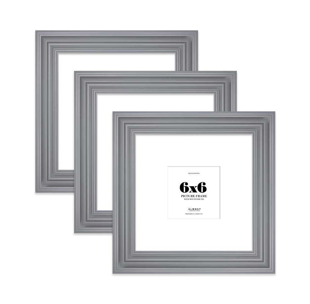 6x6" Grey Picture Frame - 6x6" Square Frame with 3x3" Mount for 6x6"/3x3" Pictures Luxurious Style Classic Interior Design Décor, 3 Pack