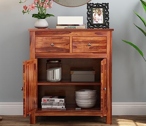 Image of Solid Sheesham Wood Wooden Sideboard Storage Cabinet : Ideal for Living Room and Bedroom with 2 Drawers and 2-Shelf Storage (Clovis, Honey Finish)