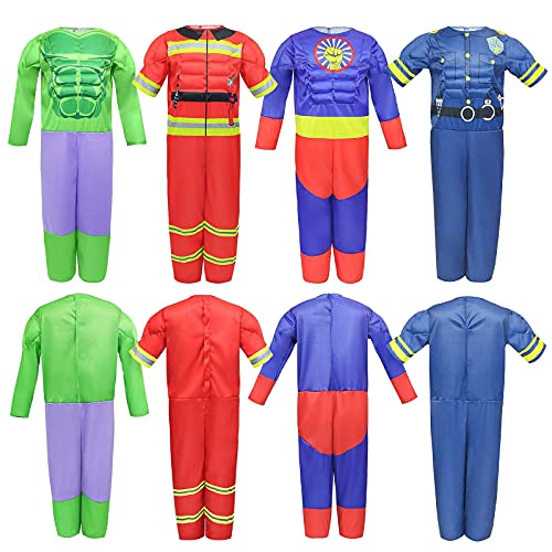 Boys Muscle Chest Dress Up Costumes Set Trunk With Superhero, Policeman, Fireman, Kids Pretend Role Play , Boys Dress Up Clothes For Kids Ages 4-7 - Cotton, Multicolor