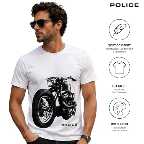 Image of Police Men's Graphic Print T-Shirt | Super Combed Cotton Rich Fabric | Round Neck Half Sleeve Casual Tee | Regular Fit | White