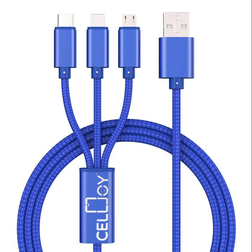 3 in 1 Multi Charger Cable [1.2M] Nylon Braided with Micro USB Type C Lightning Cable for Phone 13 12 11, Android Galaxy, Huawei, OnePlus, LG, SmartWatch (Blue)
