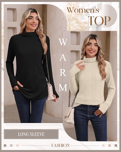 Ficerd 3 Pack Women's Turtleneck Long Sleeve Tunic Sweater Thumbhole, Ribbed Raglan Curved Hem Knit Shirts Loose Fall Winter3