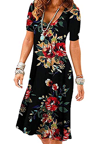 OMZIN Damen-Casual-Blumen-Kurzarm-Kleid Sommer-A-Linien-Partykleid Party-Etuikleid mit Taschen Schwarz Rote Blume XS