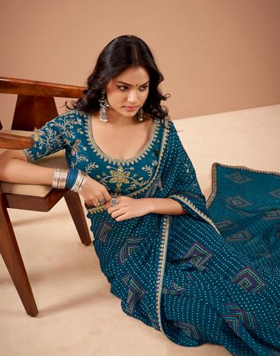 Image of SIRIL Women's Georgette Bandhani Printed, Embroidery Lace Saree With Unstitched Blouse Piece