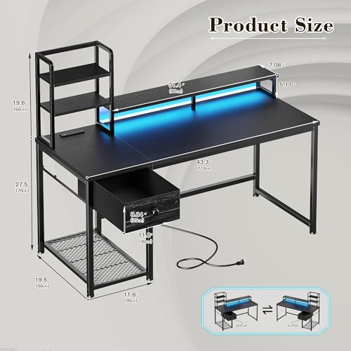 Image of 44 Inch Gaming Desk with Hutch and Drawers,Reversible Computer Desk with Monitor Shelf,Home Office Desks with USB Power Outlets and Storage,Pc Small Gaming Desk for Office with LED Lights,Black