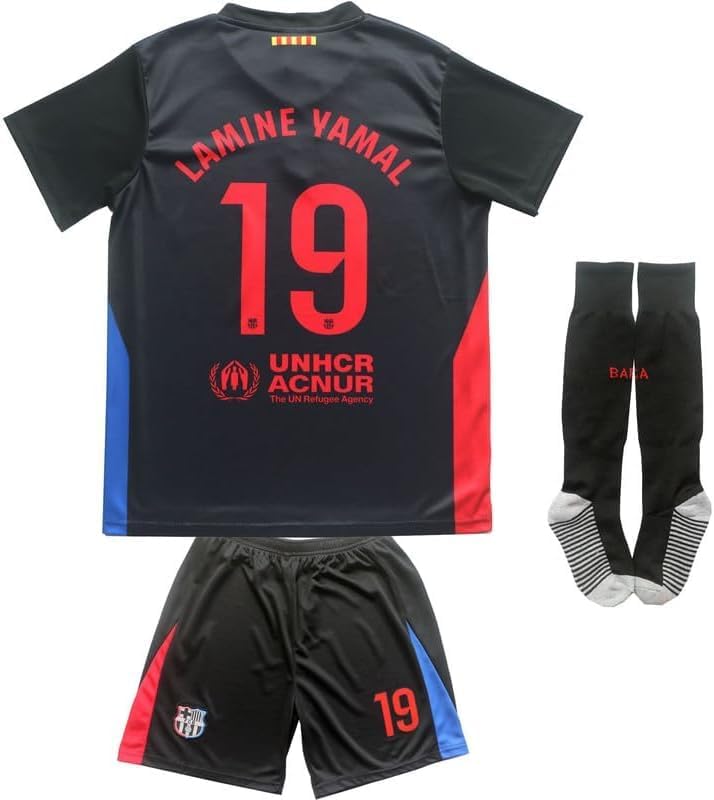 GenericBarca Away #19 Lamine Yamal Youth Soccer Jersey, Shorts & Socks Set - Black - Boys' - Unisex - Sleeveless - Modern - Polyester - Machine Wash - Kids to Adults - Male Football Fans - Sports Jersey Set