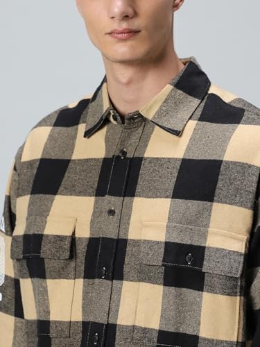 Image of Bewakoof Men's 100% Cotton Checked Oversized Fit Collar Shirt