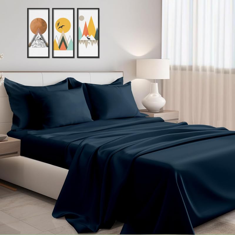 Cottington Lane Premium 100% Cotton Flat Bedsheets with 2 Pillow Covers |186 TC Super Soft – Navy_Single – 68×90 Inch