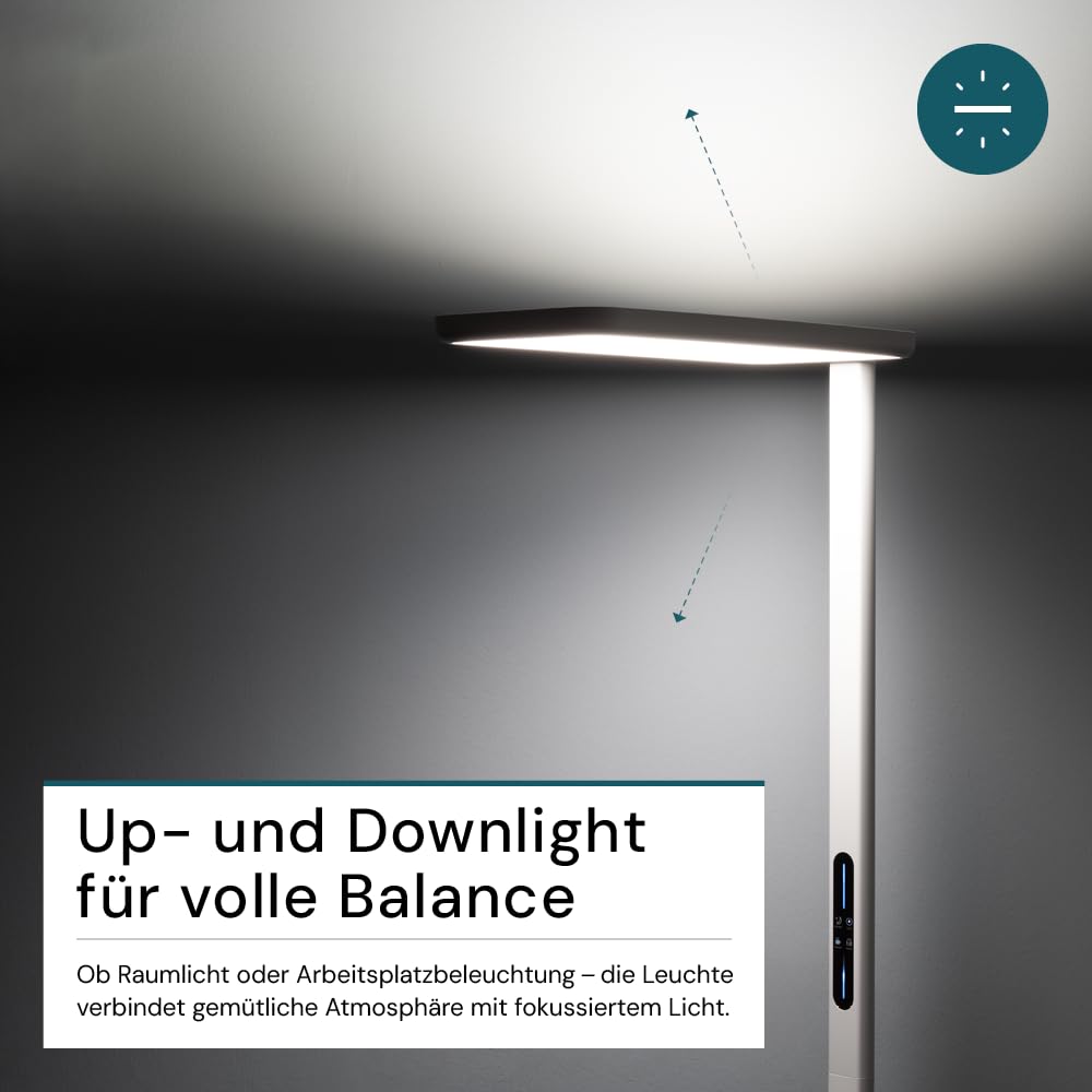 LUXULA LED Büro Stehleuchte, dimmbar, CRI>98 Vollspektrum, UGR<16 blendfrei, RG0 Blaulichtfilter, 4000K Neutralweiß, 2x 50W Uplight und Downlight, 7000lm, weiß - Arbeitsplatz Stehlampe Deckenfluter
